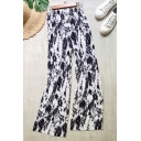 Womens Pants Chic Tie Dye High Elastic Waist Loose Fitted Full Length Wide Leg Pleated Pants
