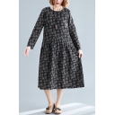 Ladies Fashion Linen and Cotton All-over Floral Printed Long Sleeve Crew Neck Mid Swing Dress