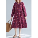 Trendy All Over Flower Printed Long Sleeve Spread Collar Button Up Bow Tied Waist Mid Swing Shirt Dress