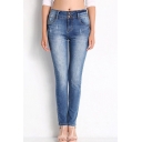 Womens Blue Jeans Fashionable Medium Wash Distressed Two-Button Detail Zipper Fly Ankle Length Slim Fit Tapered Jeans