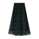 Retro Womens Skirt Grid Mesh Veil High Elastic Waist Maxi A-Line Pleated Skirt