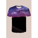 Dressy Mens T-Shirt Color Block Starry Sky 3D Pattern Round Neck Short Sleeve Slim Fitted T-Shirt