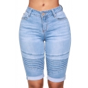 Novelty Womens Shorts Light Wash Pleated High Flexibility Rolled Cuffs Knee-Length Zipper Fly Skinny Fitted Denim Shorts
