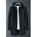 Men's Fashion Letter Pattern Hooded Zippered Longline Coat with Zip-Pockets