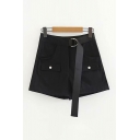 Womens Shorts Chic Flap Pockets A-Line Regular Fitted Relaxed Shorts with Belt