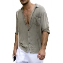 Vintage Mens Shirt Plain Cotton Linen Turn-down Collar Button-down Long Sleeve Relaxed Fitted Shirt