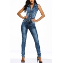 Novelty Womens Blue Overalls Pants Faded Wash Sleeveless Notch Collar Slim Fitted Tapered Ankle Length Overalls Pants