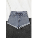 Basic Womens Shorts Roll-up Hem Zipper Fly Regular Fitted A-Line Denim Shorts with Washing Effect