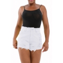 Womens Shorts Simple Plain Medium Wash Distressed Frayed Waistband and Hem Slim Fitted Zipper Fly Denim Shorts