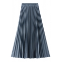 Creative Womens Pleated Skirt Solid Color High Elastic Rise Midi A-Line Pleated Skirt