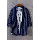 Vintage Mens Shirt Vertical Pinstriped Printed Button down Collar Relaxed Fit 3/4 Sleeve Shirt