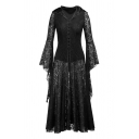Vintage Womens See-through Lace Bell Long Sleeve Hooded Button Up Maxi Pleated A-line Dress in Black