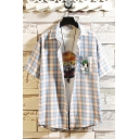 Mens Shirt Chic Plaid Pattern Cartoon Animal Embroidered Button up Turn-down Collar Short Sleeve Relaxed Fit Shirt