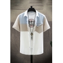 Novelty Mens Shirt Colorblock Panel Non-Ironing Chest Pocket Button up Turn-down Collar Short Sleeve Regular Fit Shirt