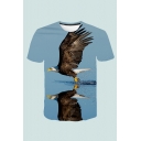 Cozy Mens 3D Tee Top Animal Eagle Water Reflection Light Snow Branches Pattern Short Sleeve Crew Neck Fitted Top Tee