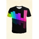 Stylish 3D Top Tee Colorful Cuboid Square Pattern Regular Fit Short-sleeved Crew Neck T-Shirt for Men