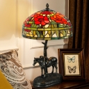 1-Bulb Night Table Lighting Mediterranean Bowl Hand Cut Glass Petal Patterned Night Lamp in Bronze with Resin Horse Base
