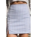 Womens Blue Skirt Chic Plaid Pattern Double Split Pleated Zipper Fly High Rise Mini Bodycon Skirt