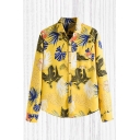 Tropical Style Shirt Ginkgo Biloba Stem Leaf Printed Chest Pocket Button down Regular Fit Long Sleeve Spread Collar Shirt for Men