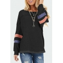 Stylish Womens Striped Patchwork Crew Neck Long Sleeve Loose Fit Tee Top
