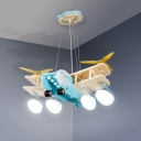 Wood Fighter Plane Hanging Light Kids 4 Bulbs Light-Blue Chandelier with Oval Frosted Glass Shade