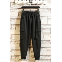Chic Mens Pants Solid Color Flap Pocket Drawstring Cuffed Mid Rise Regular Fitted Ankle Length Pants