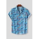 Vintage Mens Shirt Cartoon All over Fish Print Button up Short Sleeve Spread Collar Regular Fit Shirt with Pocket