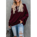 Fashion Womens Solid Color Cold Shoulder Oblique Collar Batwing Long Sleeve Oversized Tunic Pullover Sweater-Knit Top