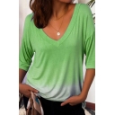 Summer Womens Fashion Ombre Color V-Neck Short Sleeve Casual Loose T-Shirt