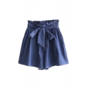 Stylish Ladies Shorts Solid Color Bow Pocket Pleated Paperbag Waist High Rise Denim Shorts