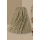 Basic Womens Skirt Solid Color Linen High Elastic Waist Midi A-Line Swing Skirt with Pockets