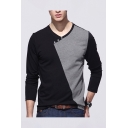 Mens Tee Top Chic Colorblock Two-Tone Diagonal Button Decoration Long Sleeve V Neck Slim Fitted Tee Top
