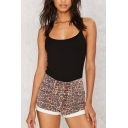 Stylish Womens Shorts Animal Leopard Printed Pockets High-rise Button Placket Slim Fit Turn-up Hem Short Denim Shorts