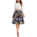 Women's Fancy Skirt Plant Floral Leaf Printed High Waist Pleated Detail Zip Fly Knee Length A-Line Skirt