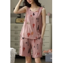 Popular Ladies Cartoon Print Lettuce Trim Scoop Neck Sleeveless Loose Tank Top & Pocket Shorts Pajama Set in Pink