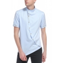 Mens Shirt Trendy Decorative Swirl Embroidery Oblique Button Asymmetric Hem Stand Collar Regular Fit Short Sleeve Shirt