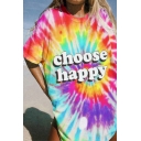 Womens Chic T-Shirt Spiral Tie Dye Letter Choose Happy Pattern Tunic Loose Fitted Round Neck Half Sleeve T-Shirt