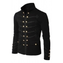 New Trendy Plain Long Sleeve Stand-Collar Zip Up Buttons Detail Fitted Black Jacket For Men
