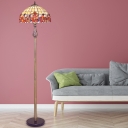Lattice Bowl Standing Lamp 2-Bulb Shell Mediterranean Floor Flower Patterned Reading Lighting in Red with Pull Chain