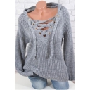 Chic D Ring Lace-Up Hooded Long Sleeve Plain Grey Pullover Sweater