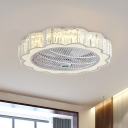 Crystal Block Flower Fan Light Kit Contemporary 3-Blade LED White Semi Mount Lighting for Bedroom, 23