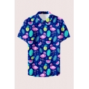 Mens Tropical Style Shirt Cartoon Flamingo Bird Pineapple Watermelon Floral Leaf Pattern Button down Fitted Spread Collar Short Sleeve Shirt