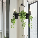 Metal Candlestick Ceiling Pendant Light Rural 3 Heads Balcony Hanging Chandelier with Plant Deco in Black/White