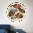 Gold Ginkgo Leaf Wall Sconce Lighting Oriental LED Fabric Wall Mount Mural Light with Circle Frame