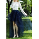Novelty Womens Tulle Skirt Solid Color High Elastic Waist High-Low Tulle Skirt