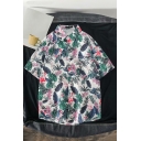 Mens Shirt Creative Flamingo Leaf Printed Button-down Chest Pocket Half Sleeve Point Collar Loose Fit Shirt