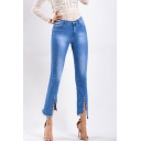 Womens Jeans Unique Blue Medium Wash Rivet Decorated Asymmetric Frayed Hem Zipper Fly Ankle Length Slim Fit Tapered Jeans