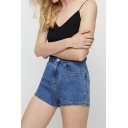Womens Shorts Blue Simple Lace-up Back Mention Hip Slim Fitted Zipper Fly Denim Shorts with Washing Effect