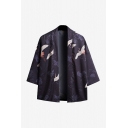 Mens Jacket Creative Crane Floral Printed Cardigan Loose Fitted 3/4 Sleeve Kimono Jacket