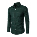 Mens Shirt Stylish Plaid Printed Curved Hem Button-down Long Sleeve Spread Collar Slim Fitted Shirt
